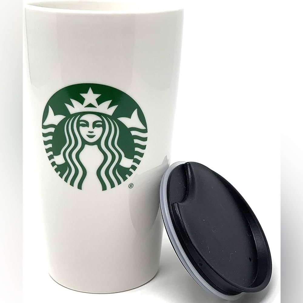 Starbucks White Ceramic Travel Mug with Dark Green Lid